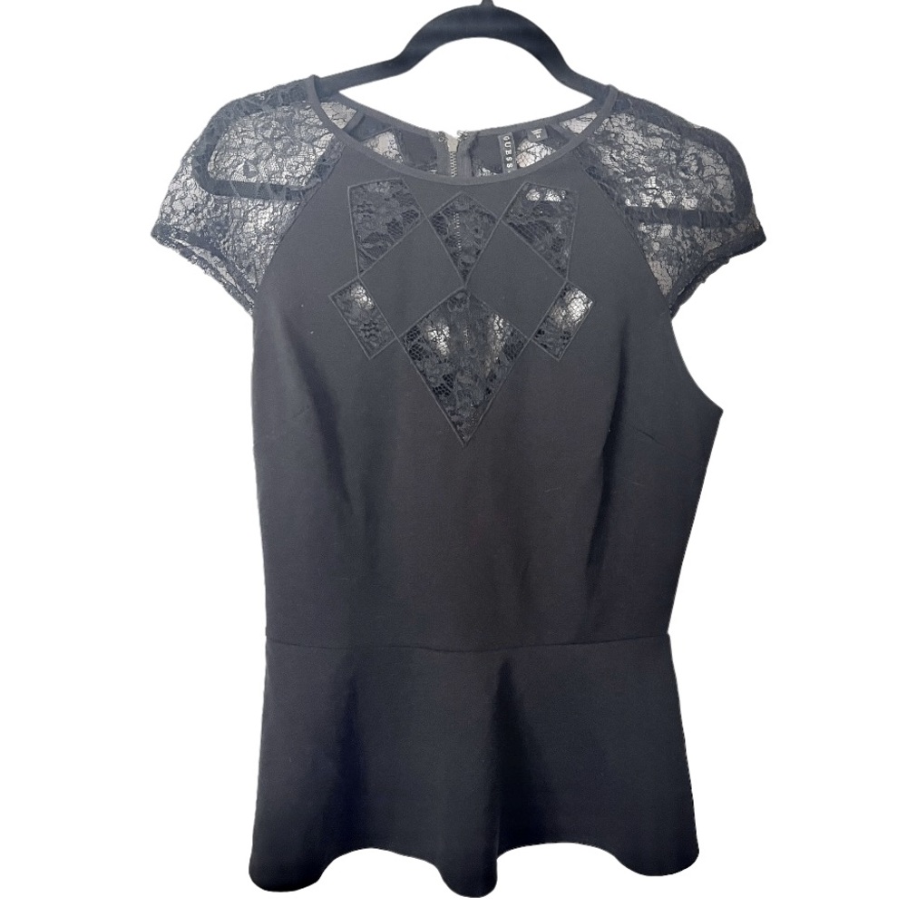 Guess Black Lace Inset Cut‎ Out Black Peplum Top M